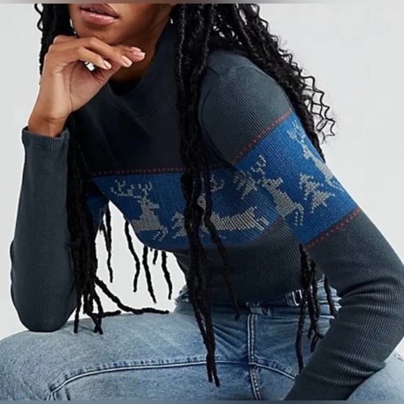 Nwt daydreamer x free people reindeer mock neck crop top XL gray & blue - Picture 2 of 5